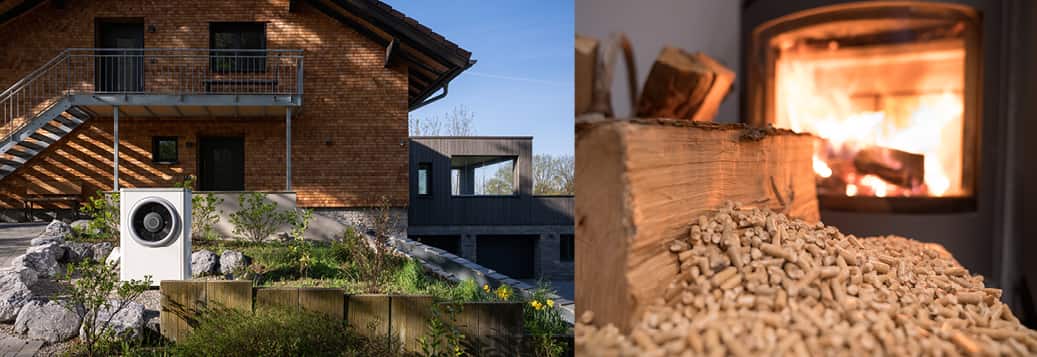 Eine Wärmepumpe in einem Naturgarten vor einem Holzhaus. Blick auf einen Kamin, in dem ein wärmendes Feuer prasselt, davor ein Holzscheit und Pellets.